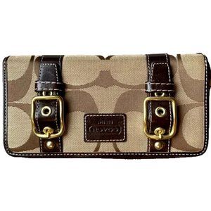 COACH ZIP AROUND LARGE WALLET SIGNATURE "C" LOGO BROWN LEATHER TAN CANVAS VTG
